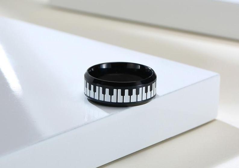 8mm Piano Keyboard Black Stainless Steel Mens Ring
