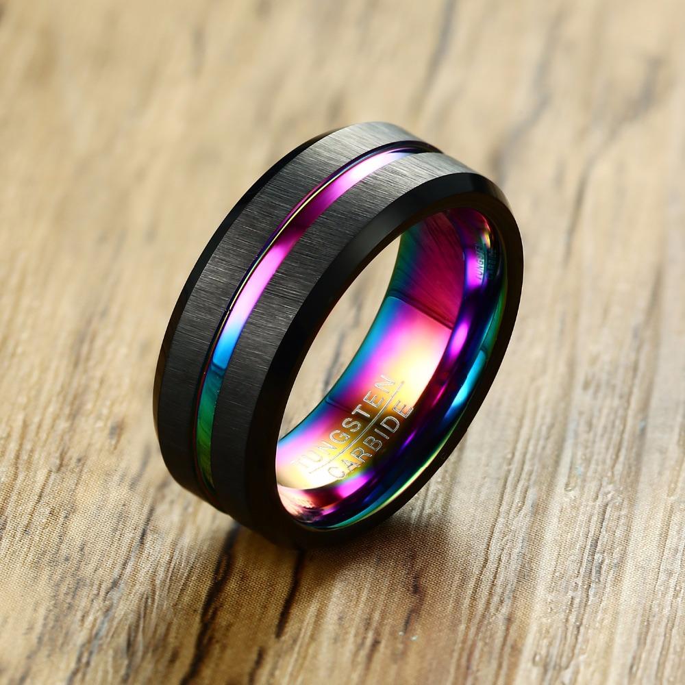8mm Rainbow & Black Tungsten Men's Ring - Promise Rings