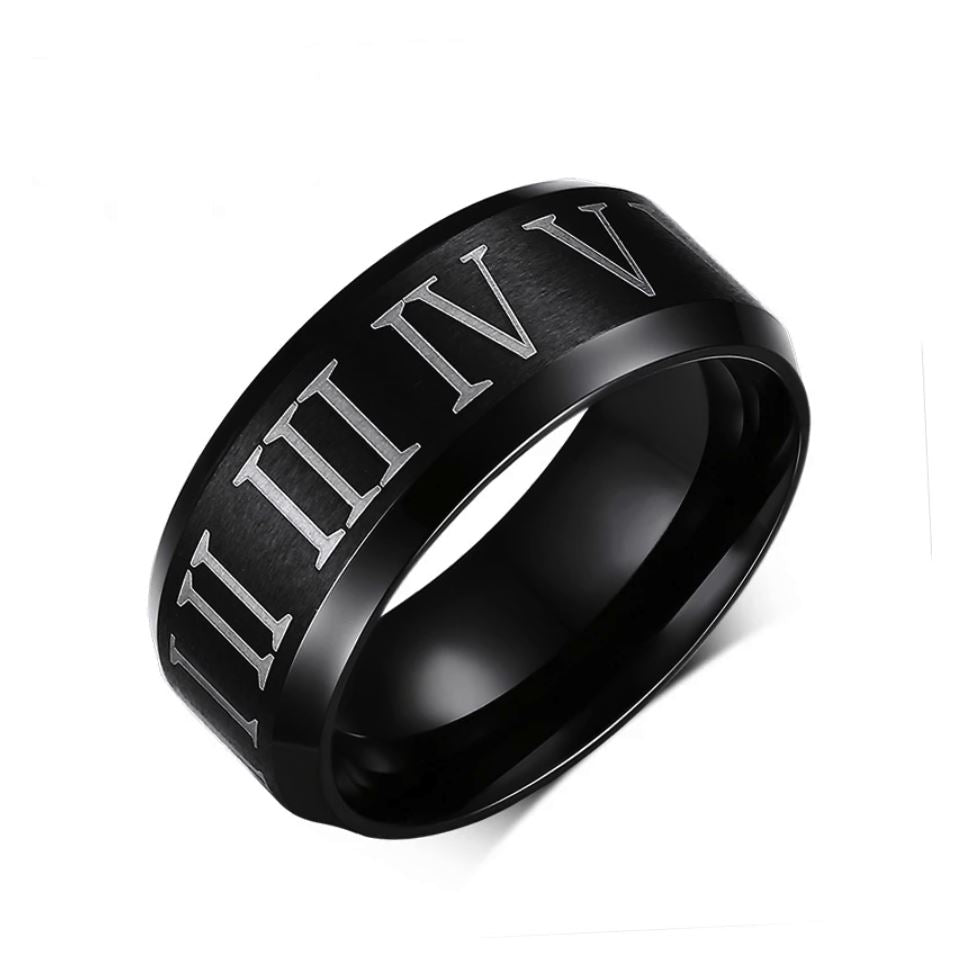 8mm Roman Numerals Stainless Steel Black Mens Ring - Promise Rings