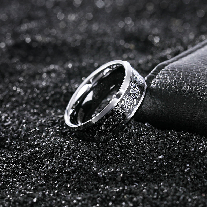 8mm Steampunk Gear Inlay Pattern Mens Ring