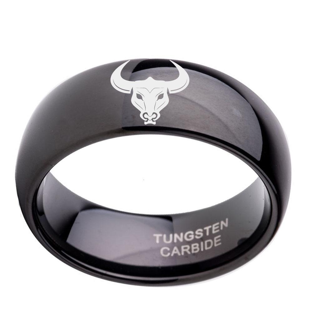8mm Taurus Zodiac High Polish Black Tungsten Mens Ring - Promise Rings