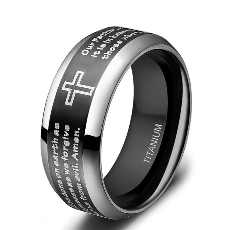 Christian Rings With Scripture Inscriptions 8mm Titanium Men's Ring with Biblical Inscription & Cross Design