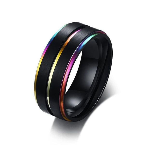 8mm Triple Rainbow Matte Stainless Steel Mens Ring