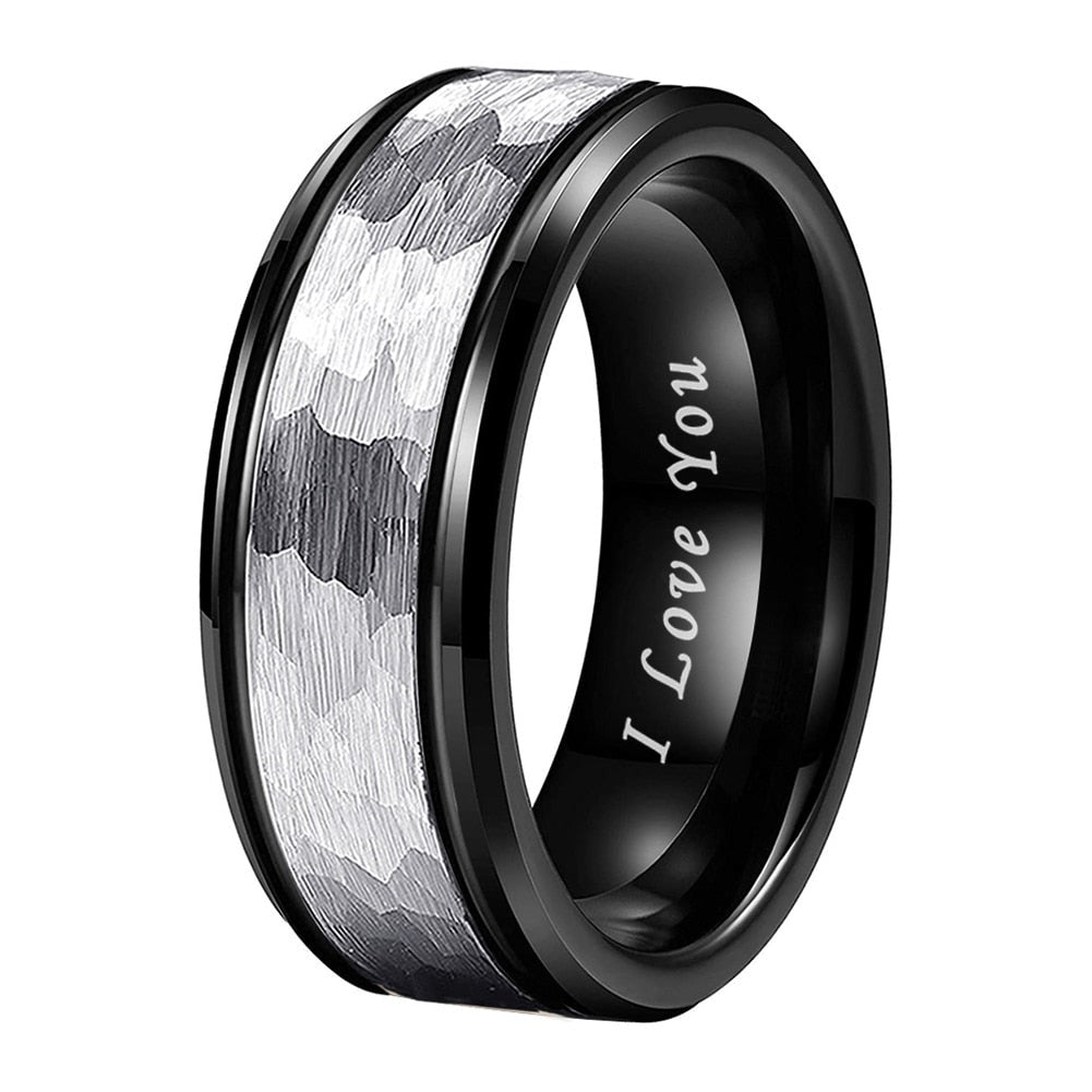 8mm I Love You Black & Silver Hammered Men's Ring