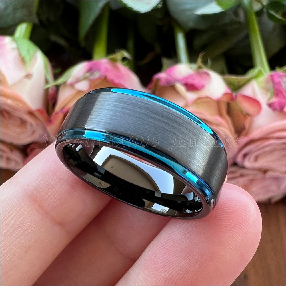 8mm Two Tone Silver & Blue Tungsten Men's Rings - Promise Rings
