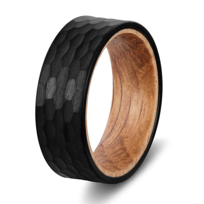 8mm Whiskey Barrel Wood & Hammered Black Tungsten Ring – Rugged Symbol of Strength (Men’s) - Promise Rings