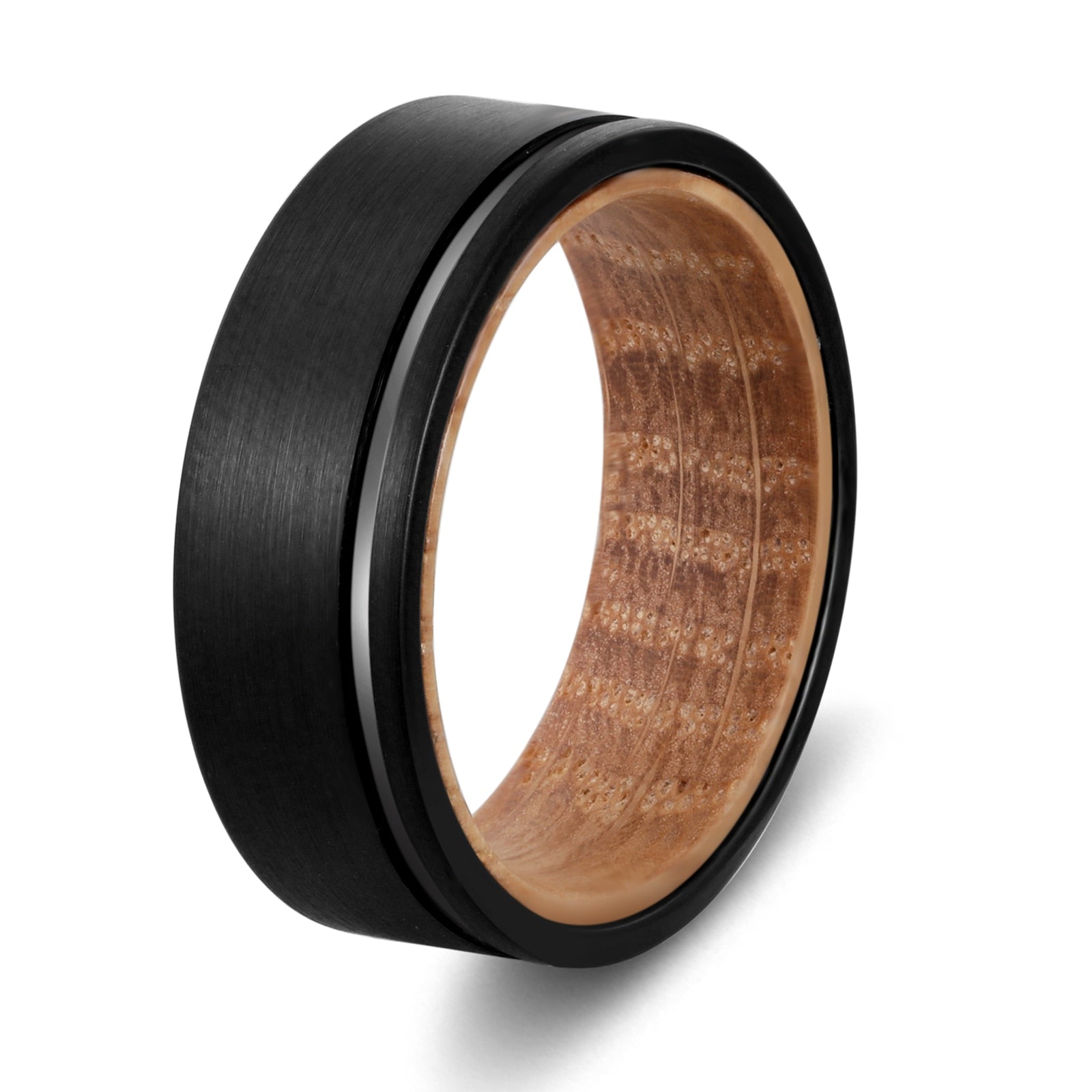 8mm Whiskey Barrel Wood & Black Tungsten Ring – Off-Centre Groove Symbolism (Men’s) - Promise Rings