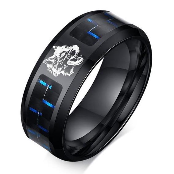 8mm Wolf Head Black Stainless Steel Men's Ring - Promise Rings