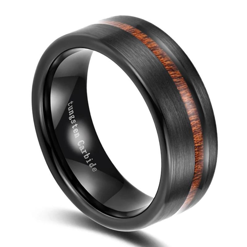 8mm Wood Inlay Black Tungsten Mens Ring - Promise Rings