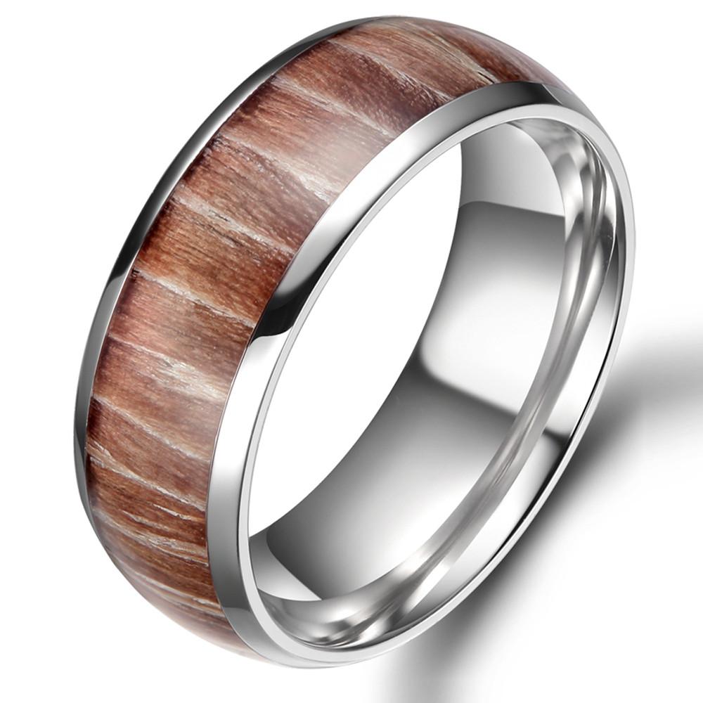 Inman Rings 8mm Wood Inlay Design Dome Titanium Mens Ring