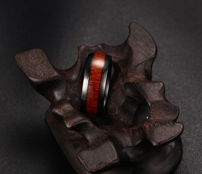 8mm Wood Polished Finished Black Tungsten Mens Ring - Promise Rings
