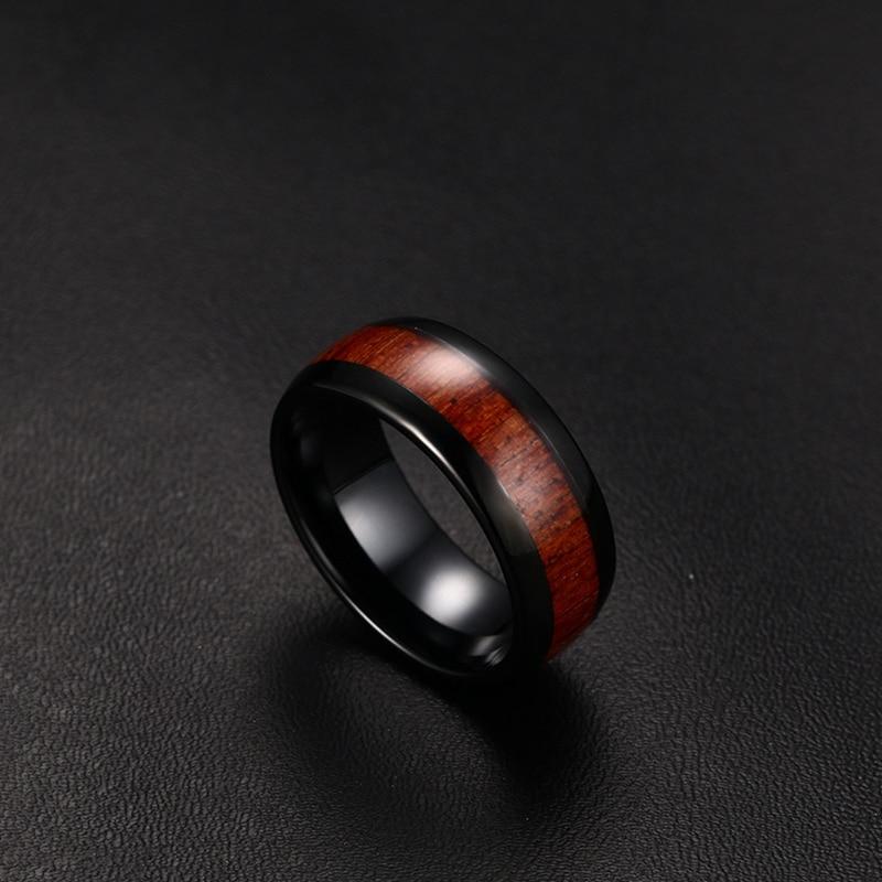 8mm Wood Polished Finished Black Tungsten Mens Ring - Promise Rings