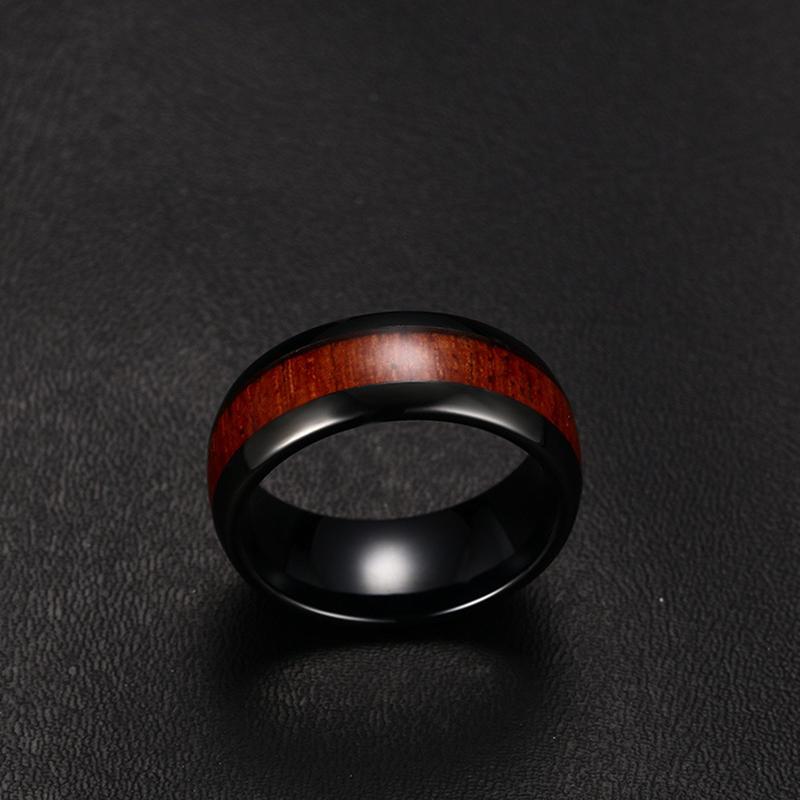 8mm Wood Polished Finished Black Tungsten Mens Ring - Promise Rings