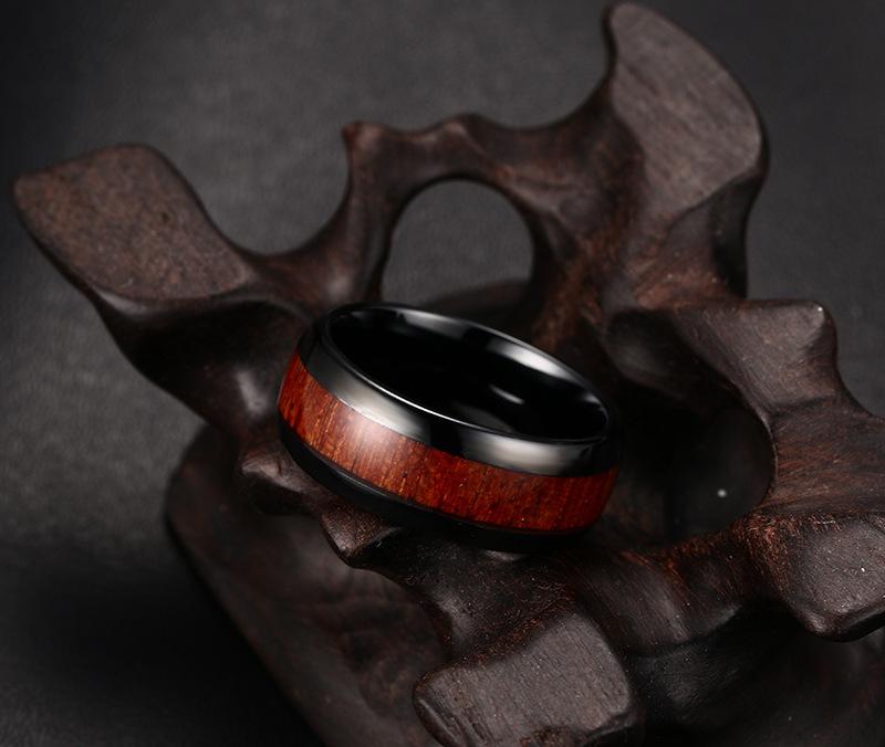 8mm Wood Polished Finished Black Tungsten Mens Ring - Promise Rings