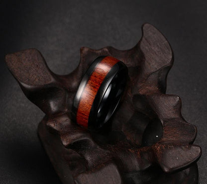 8mm Wood Polished Finished Black Tungsten Mens Ring - Promise Rings