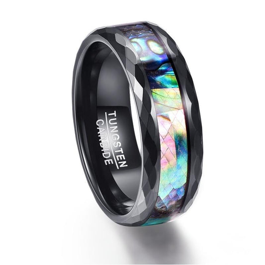 8mm Abalone Shell & Black Faceted Edge Tungsten Mens Ring