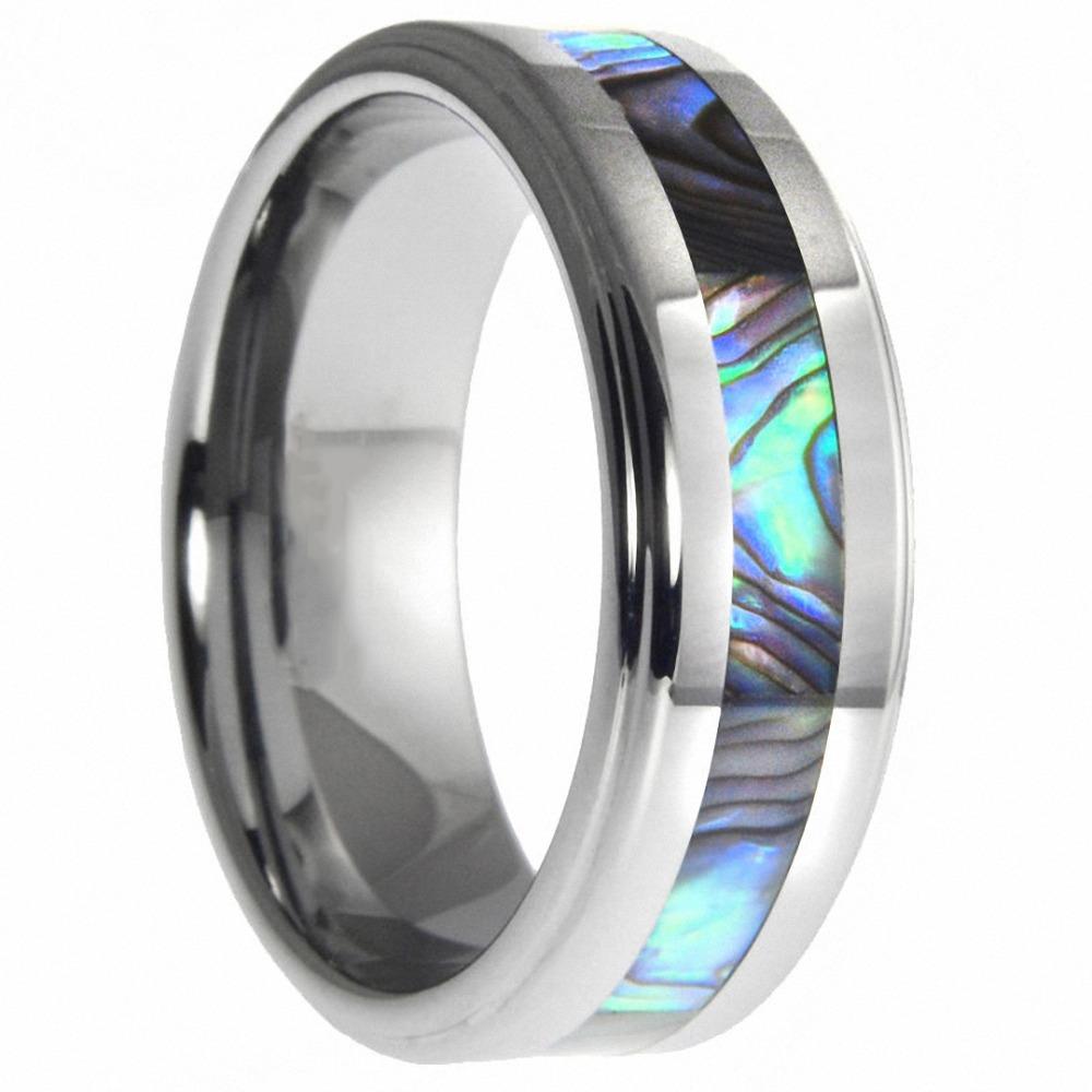 8mm Abalone Shell Inlay Silver Tungsten Mens Ring