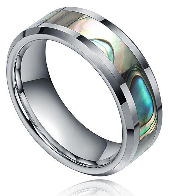 8mm Abalone Shell Inlay Silver Tungsten Mens Ring