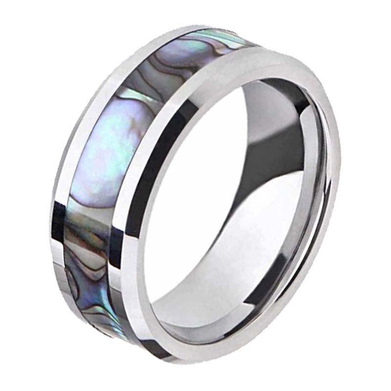 8mm Abalone Shell Inlay Titanium Silver Unisex Ring