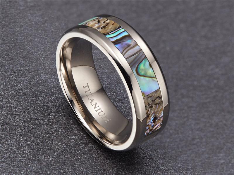 8mm Abalone Shell Inlay Titanium Silver Unisex Ring