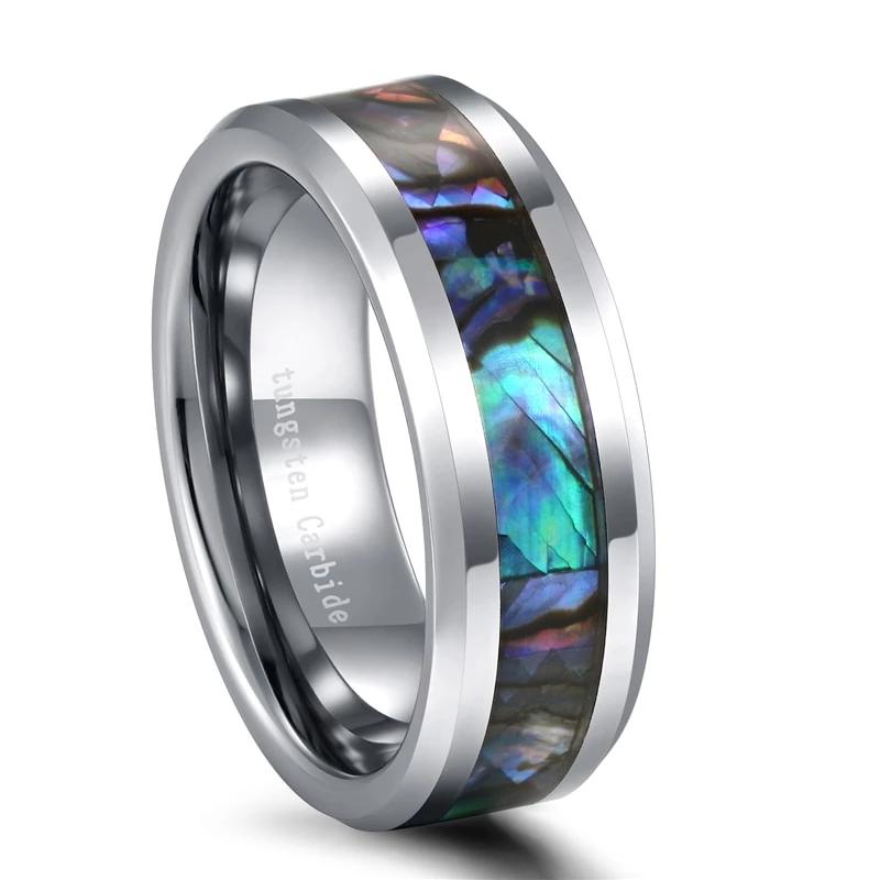 8mm Abalone Shell Silver Tungsten Mens Ring