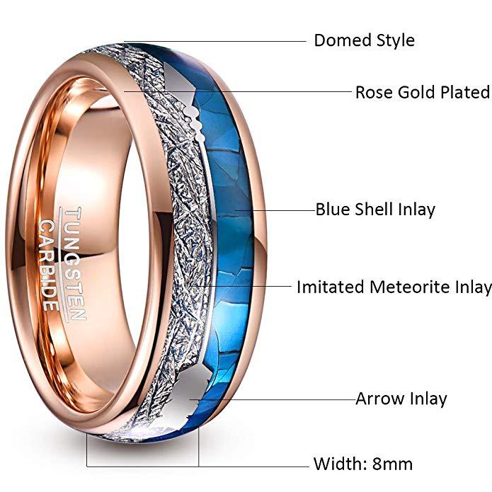 8mm Arrow Inlay Blue Shell, Meteorite & Rose Gold Tungsten Mens Ring
