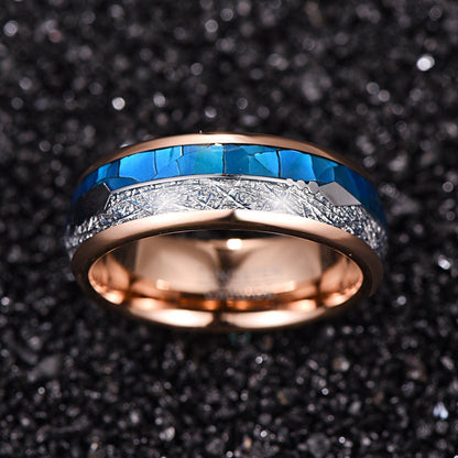 8mm Arrow Inlay Blue Shell, Meteorite & Rose Gold Tungsten Mens Ring
