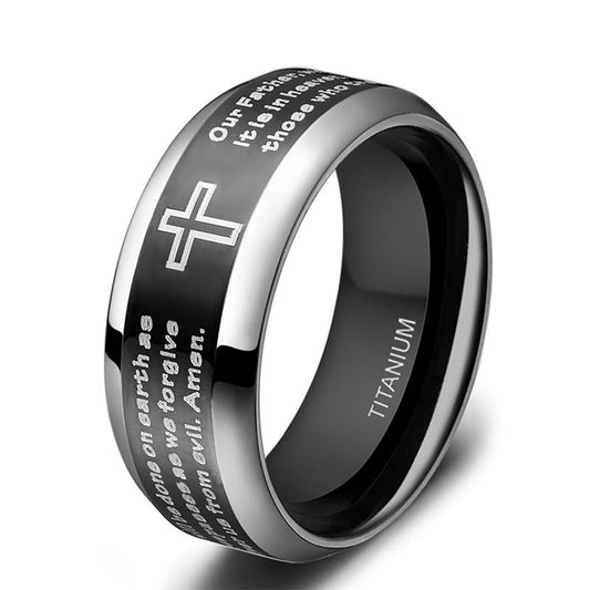 8mm Titanium Men's Ring with Biblical Inscription & Cross Design
