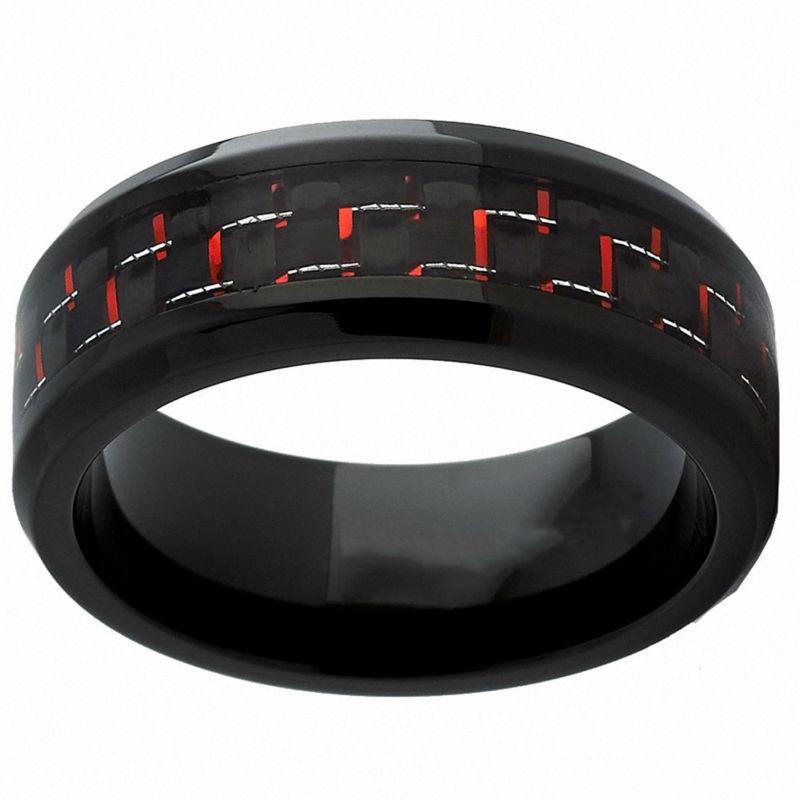 8mm Black and Red Carbon Fibre Inlay Tungsten Mens Ring