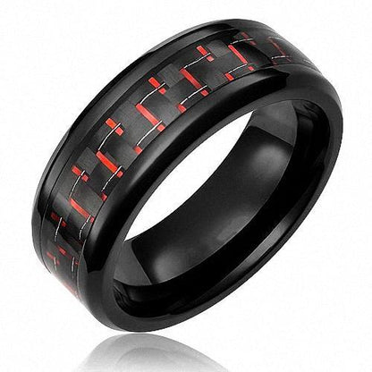 8mm Black and Red Carbon Fibre Inlay Tungsten Mens Ring
