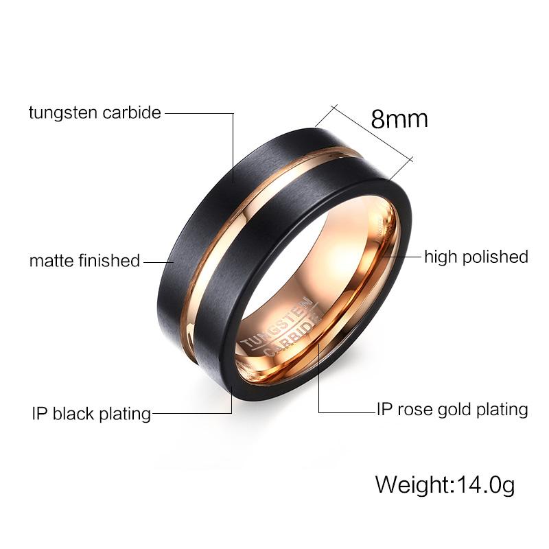 8mm Black and Rose Gold Groove Tungsten Mens Ring