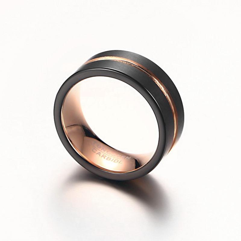 8mm Black and Rose Gold Groove Tungsten Mens Ring