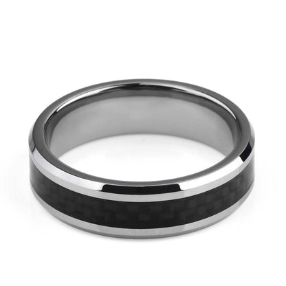 8mm Black Carbon Fiber Inlay Silver Tungsten Mens Ring