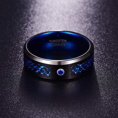 8mm Black Celtic Dragon Inlaid Blue Tungsten Mens Ring