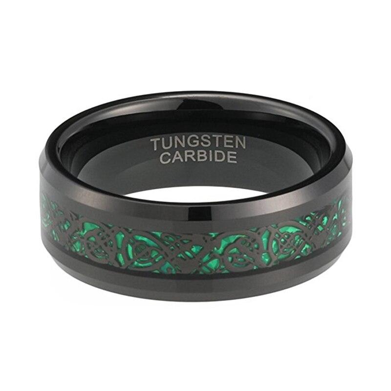 8mm Black Chinese Dragon Green Inlay Tungsten Mens Ring