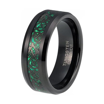 8mm Black Chinese Dragon Green Inlay Tungsten Mens Ring
