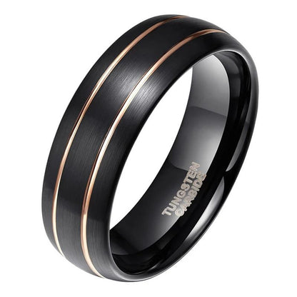 8mm Black & Double Gold Line Inlay Tungsten Mens Ring