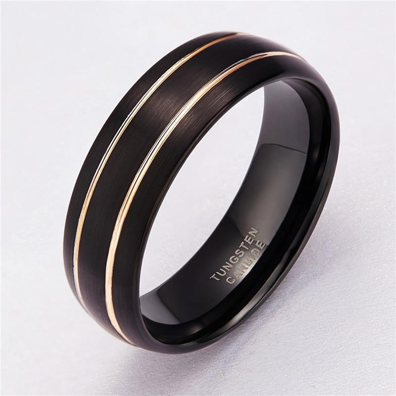 8mm Black & Double Gold Line Inlay Tungsten Mens Ring