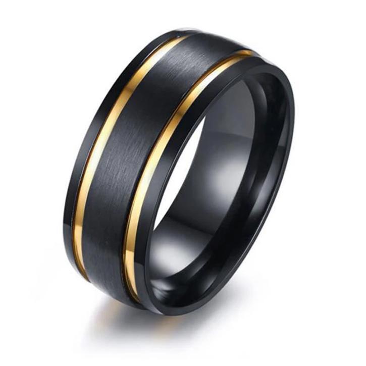 8mm Black & Double Golden Groove Stainless Steel Mens Ring