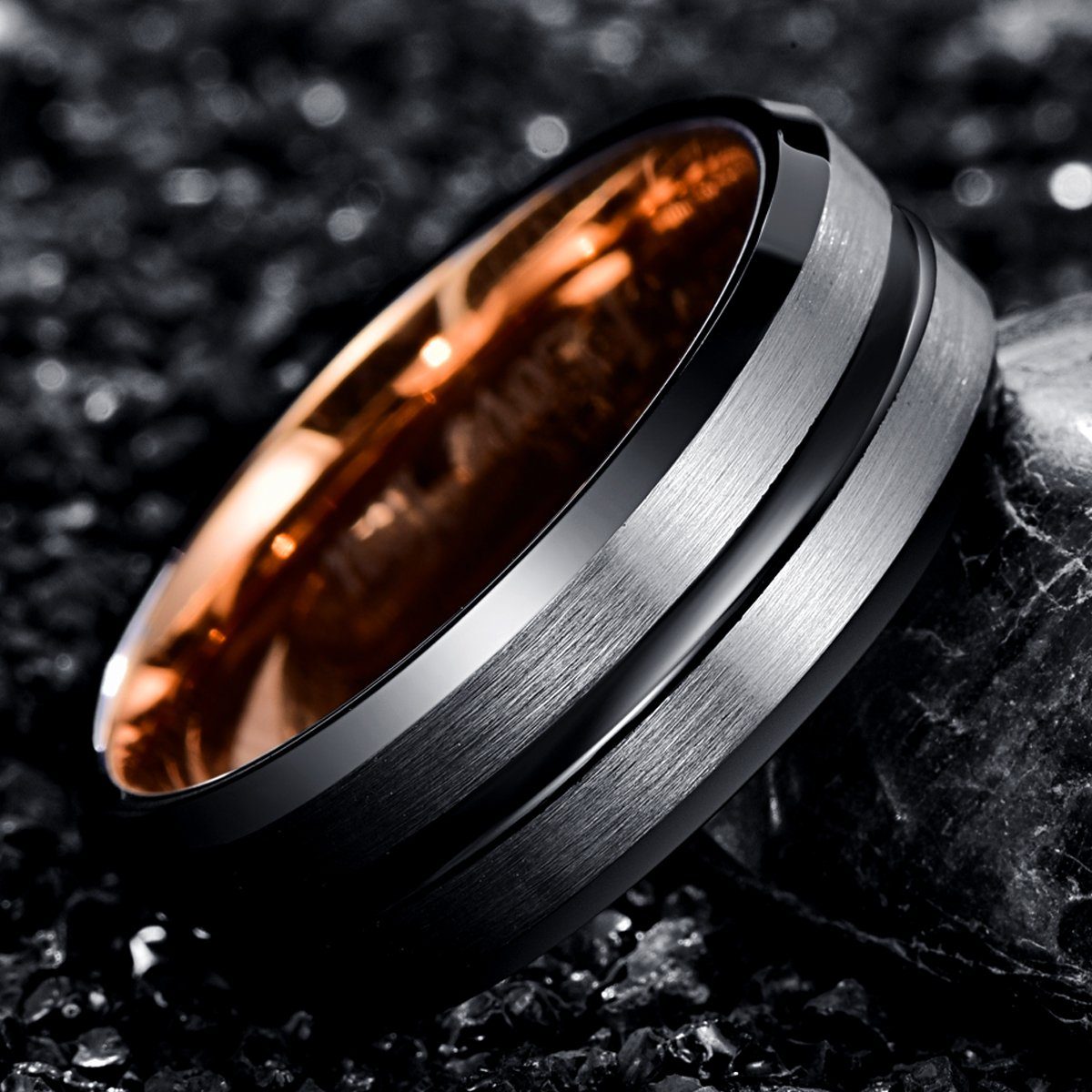8mm Black Groove & Steel Frosted Surface Rose Gold Tungsten Mens Ring