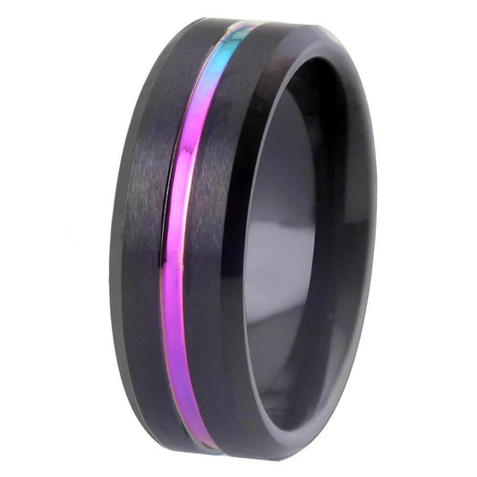 8mm Shimmer Rainbow Groove Black Tungsten Mens Ring