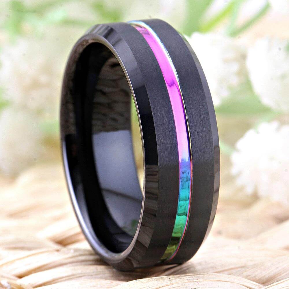 8mm Shimmer Rainbow Groove Black Tungsten Mens Ring