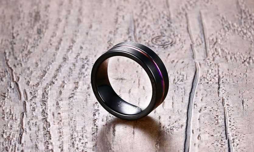 8mm Black Rainbow Groove Tungsten Mens Ring
