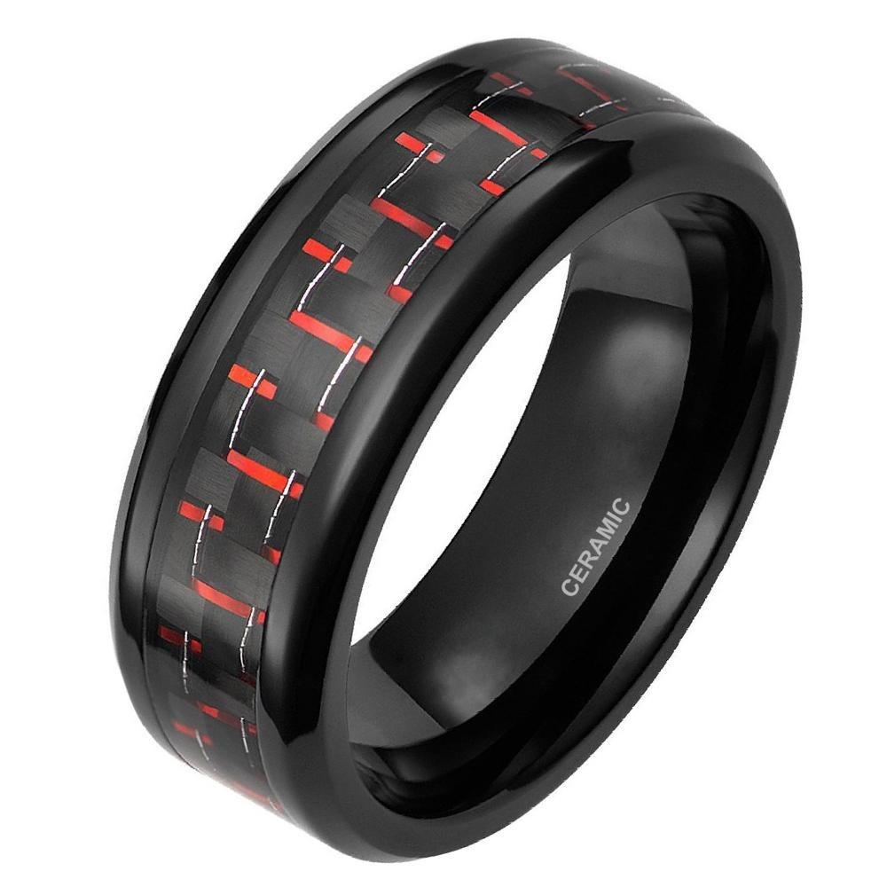 8mm Black & Red Carbon Fiber Inlay Mens Ring