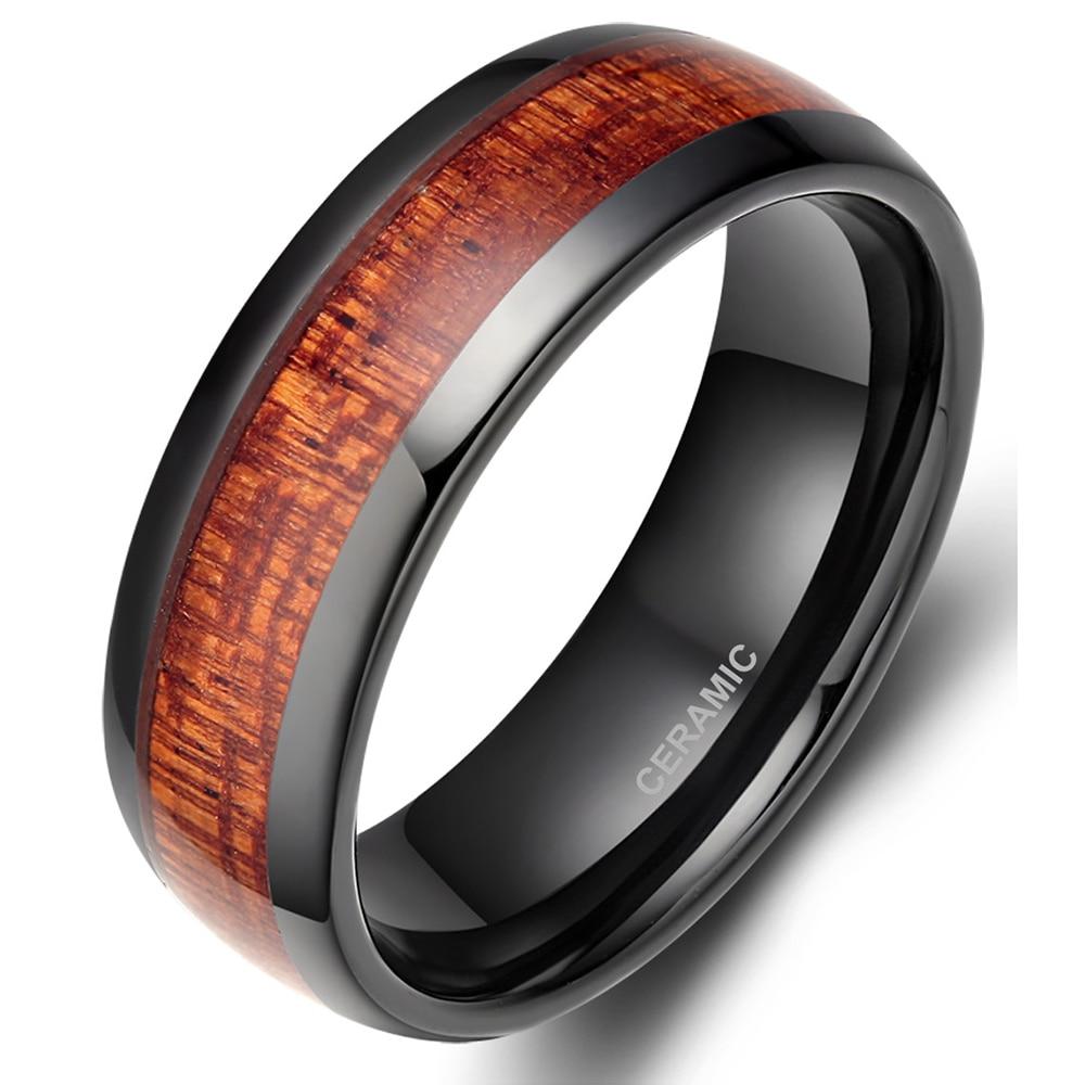 8mm Black Red Wood Grain Ceramic Mens Ring