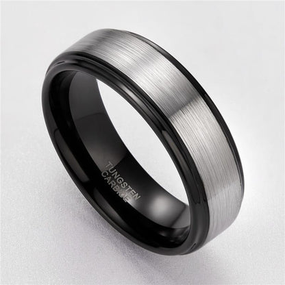 8mm Black & Silver Brushed Mens Ring