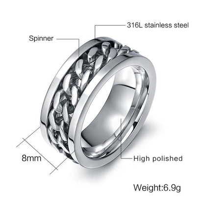 8mm Black, Silver or Gold Stainless Steel Rotatable Spinner Mens Rings