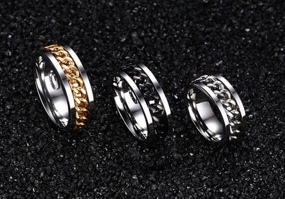 8mm Black, Silver or Gold Stainless Steel Rotatable Spinner Mens Rings