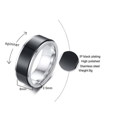 8mm Black & Silver Stainless Steel Rotatable Spinner Men's Ring