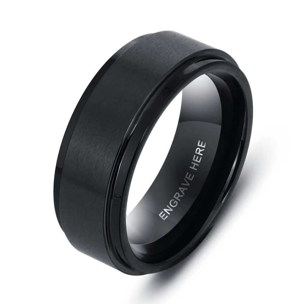 8mm Black Stainless Steel + 1 Personalized Engraving Mens Ring